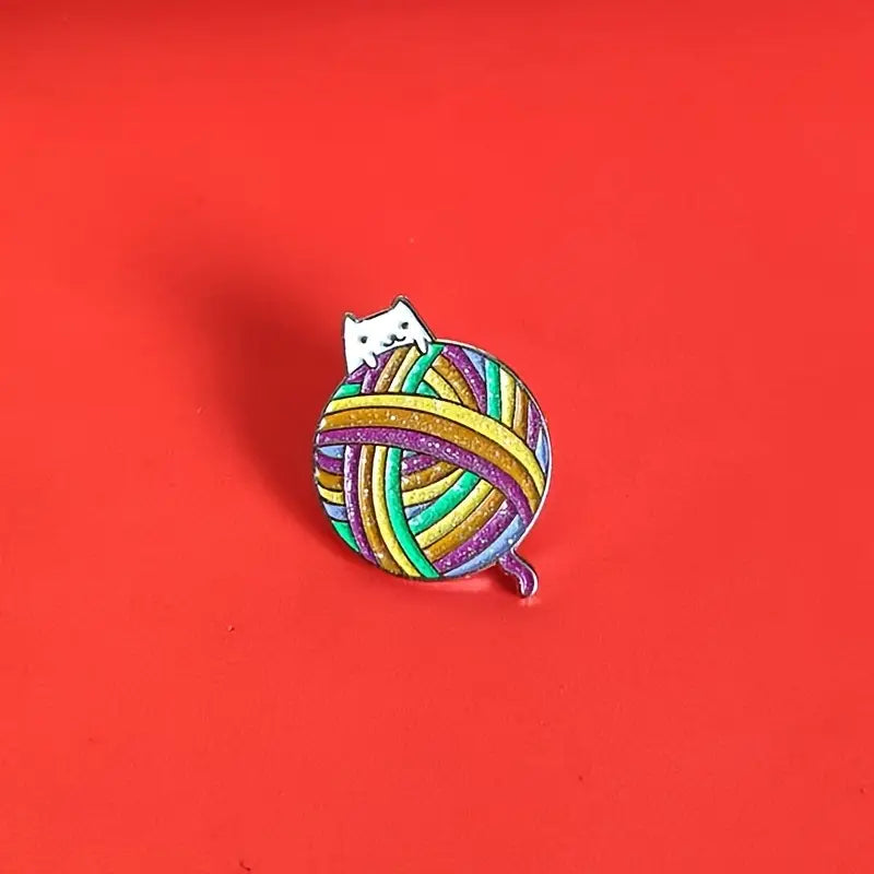 Whimsical Rainbow Yarn Ball and Kitten Pin