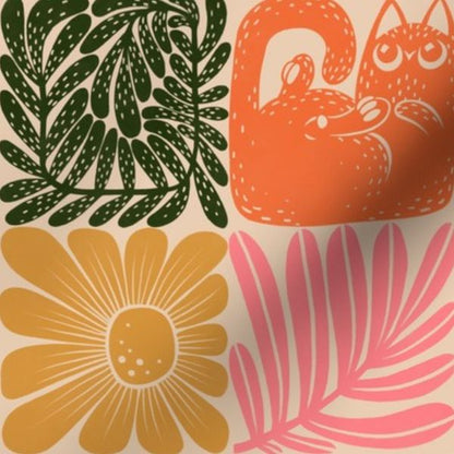 Cats and Flowers Block Print (Orange Green Pink)